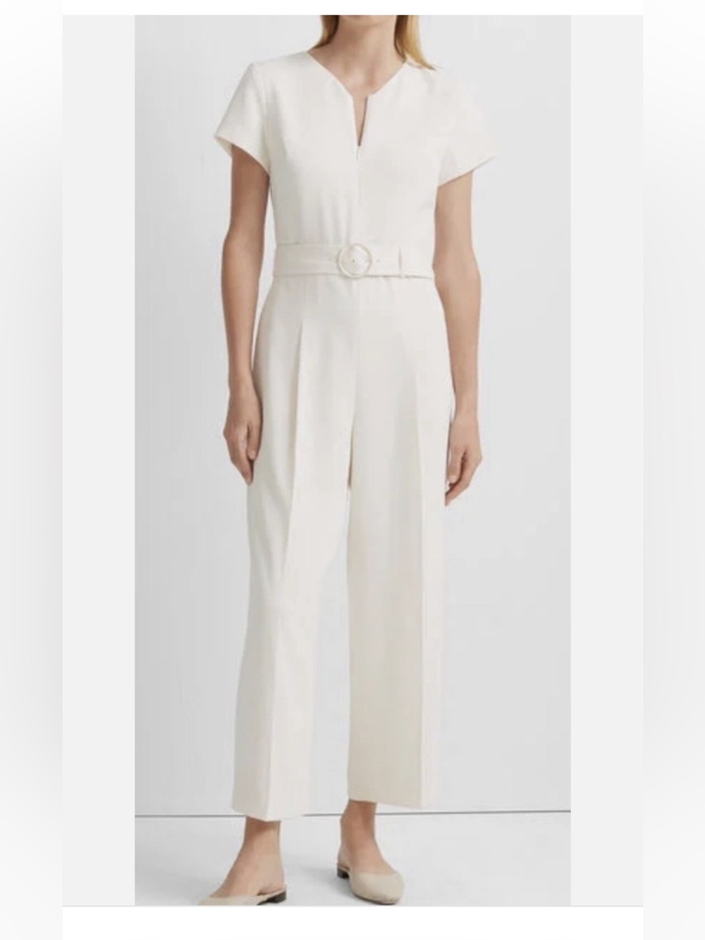 Club Monaco Cream Short-Sleeve Belted Jumpsuit